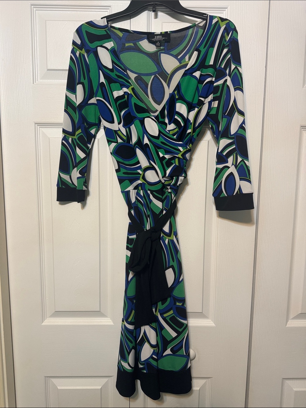 B. Moss Green, Navy & White Geometric Wrap-Style Long Sleeve Dress